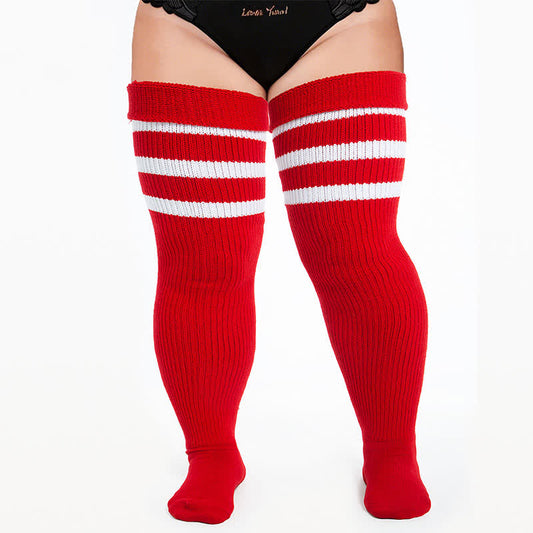 Ribbed Sport Thigh High Socks - Red-A - One Size - With Elastic Strap - image 0