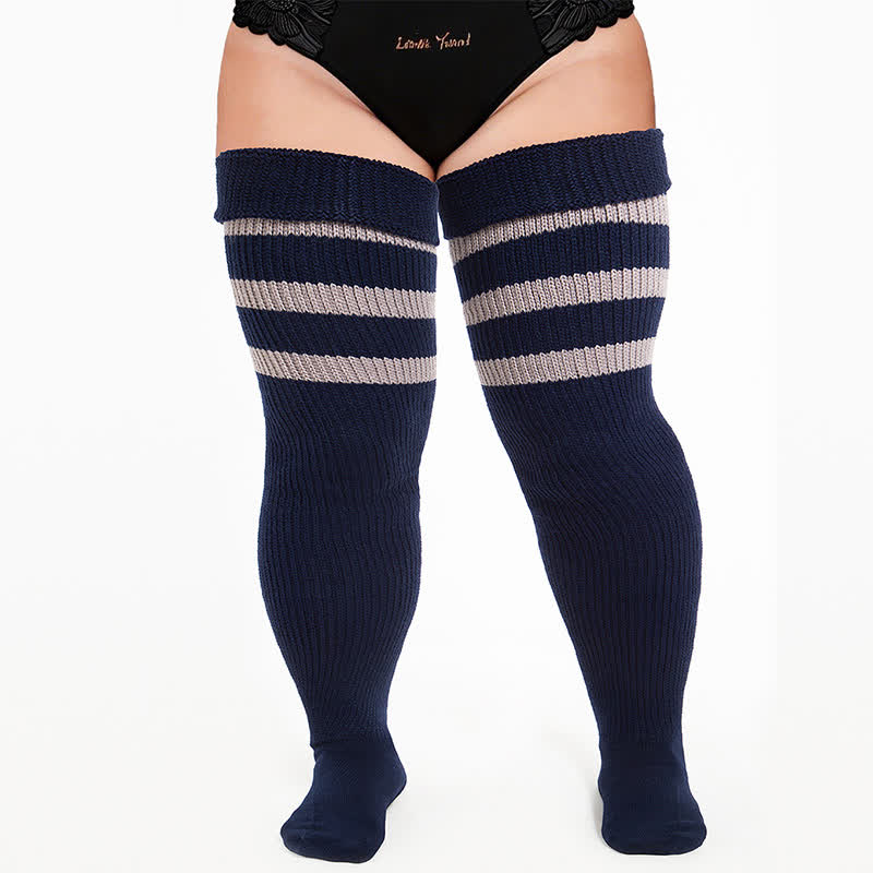 Ribbed Sport Thigh High Socks - Navy Blue - One Size - image 9