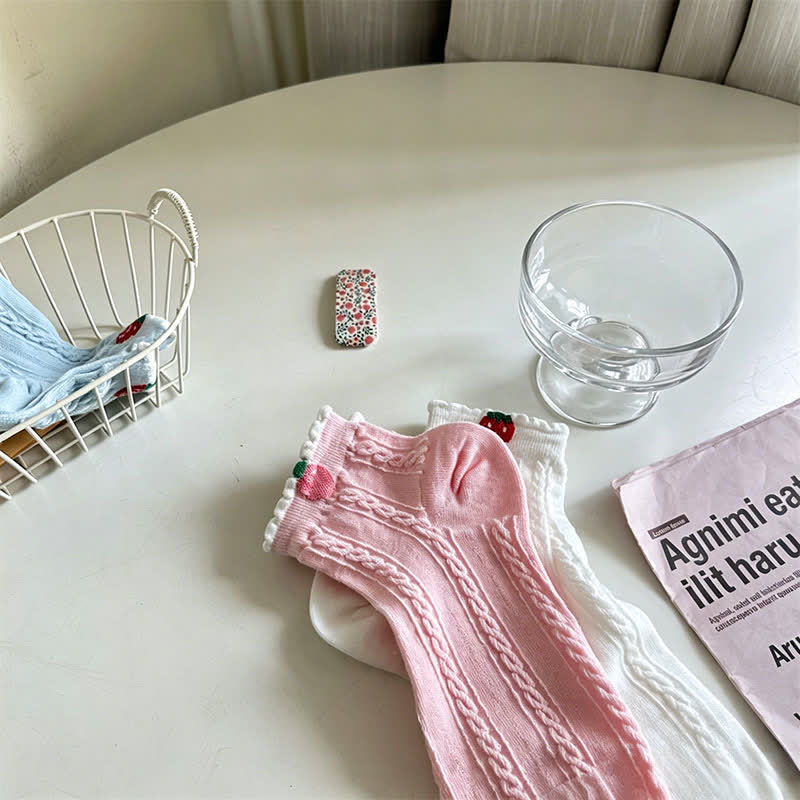 Cherry Ribbed Cotton Quarter Socks (2 Pairs) - Pink - EU35-40(US2-7) - image 3