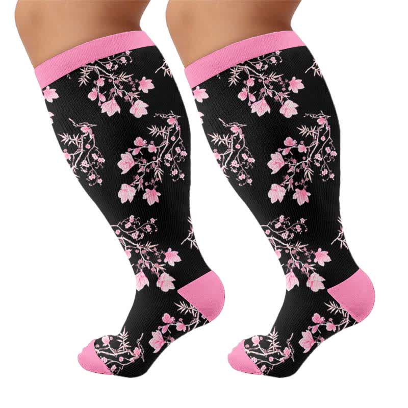Plus Size Floral Print Compression Socks - Black(1 Pair) - 4XL - image 10