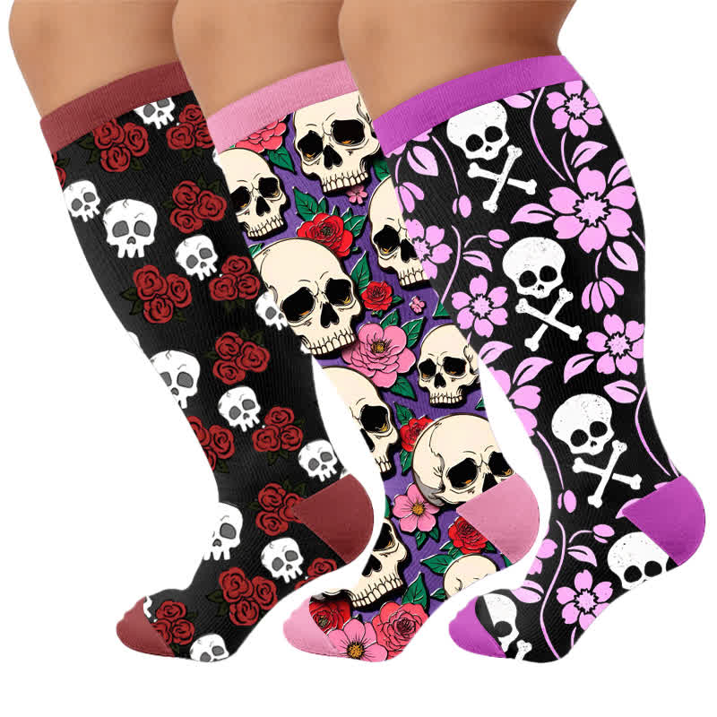 Plus Size Skull Dark Compression Socks - Multicolor(3 Pairs) - 4XL - image 4