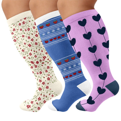 Plus Size Floral Nordic Heart Compression Socks - Multicolor(3 Pairs) - 4XL - image 1