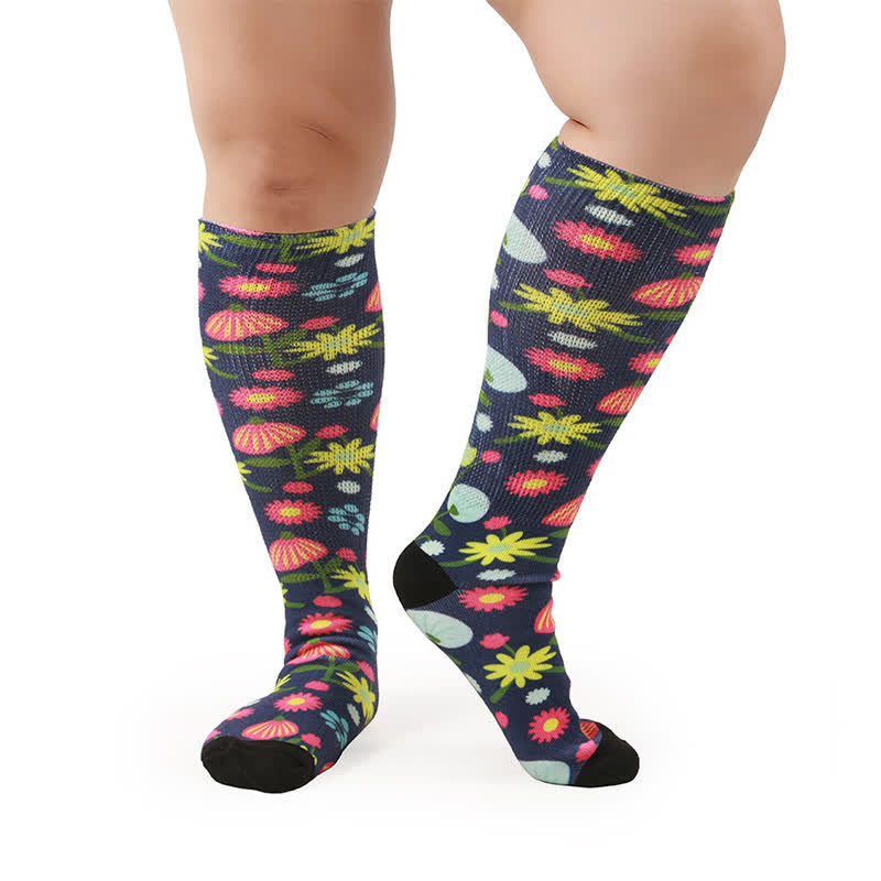 Plus Size Floral Garden Knee High Socks - Black-B - One Size - image 5