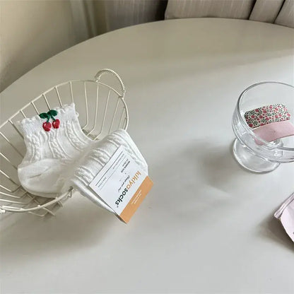 Cherry Ribbed Cotton Quarter Socks (2 Pairs) - White-B - EU35-40(US2-7) - image 5