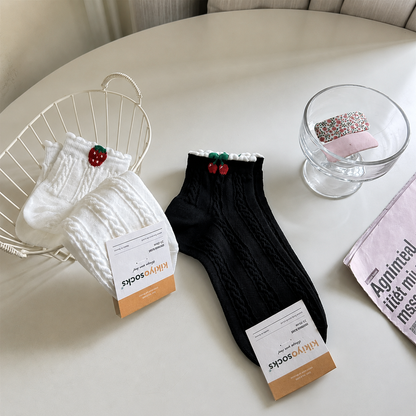 Cherry Ribbed Cotton Quarter Socks (2 Pairs) - Black+White-A - EU35-40(US2-7) - image 6