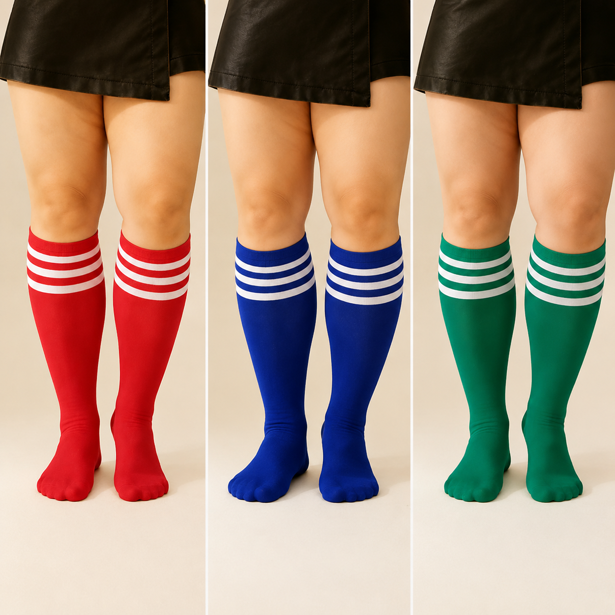 Striped Breathable Knee High Socks (3 Pairs) - Red+Green+Royal Blue - One Size - image 9