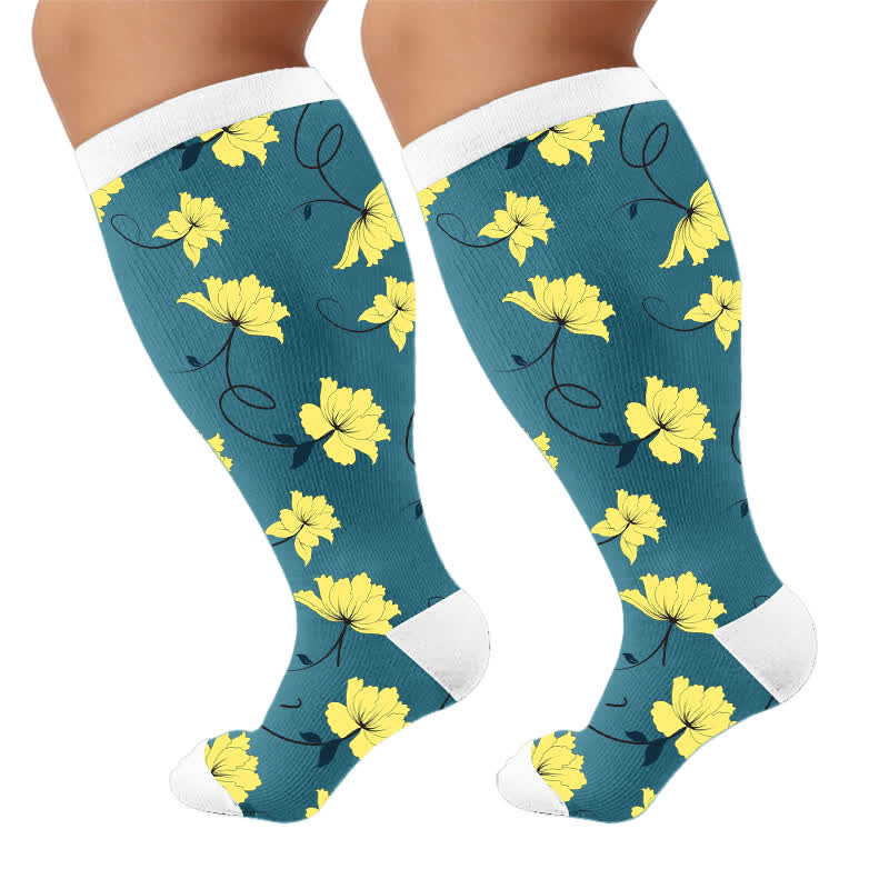 Plus SizeVibrant Flowers Compression Socks - Blue(1 Pair) - 4XL - image 8