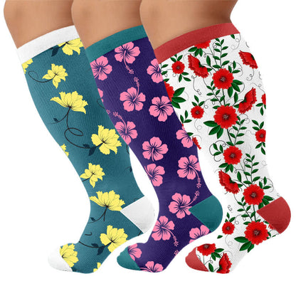 Plus SizeVibrant Flowers Compression Socks - Multicolor(3 Pairs) - 4XL - image 4