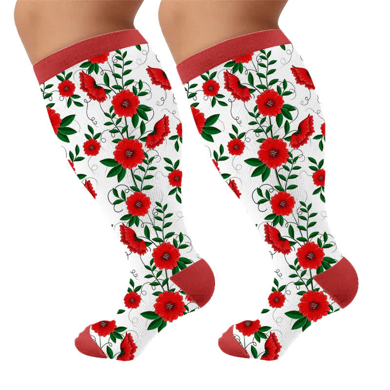 Plus SizeVibrant Flowers Compression Socks - Red(1 Pair) - 4XL - image 10