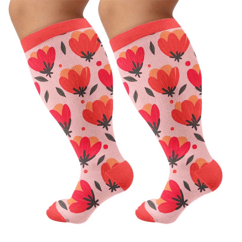 Plus Size Floral White Compression Socks - Red(1 Pair) - 4XL - image 9