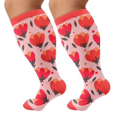 Plus Size Floral White Compression Socks - Red(1 Pair) - 4XL - image 9