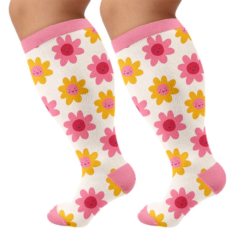Plus Size Floral White Compression Socks - Pink(1 Pair) - 4XL - image 10