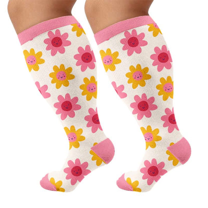 Plus Size Floral White Compression Socks - Pink(1 Pair) - 4XL - image 10