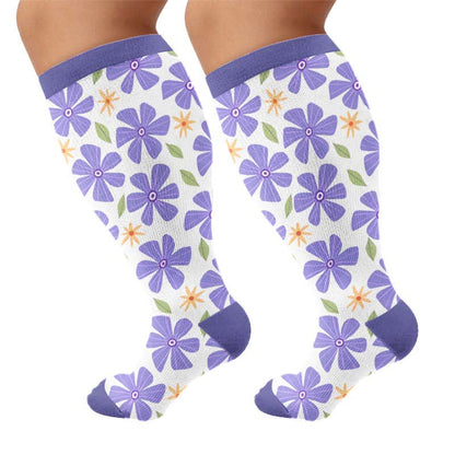 Plus Size Floral White Compression Socks - Blue(1 Pair) - 4XL - image 8
