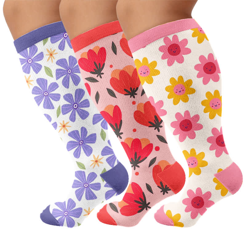 Plus Size Floral White Compression Socks - Multicolor(3 Pairs) - 4XL - image 4