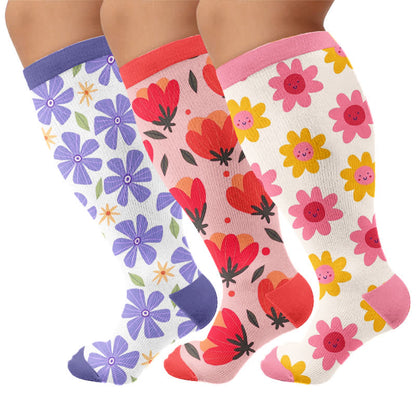 Plus Size Floral White Compression Socks - Multicolor(3 Pairs) - 4XL - image 4
