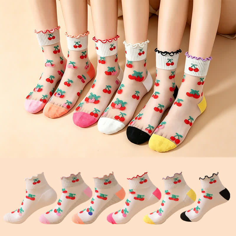 Cherry Mesh Ruffle Quarter Socks(6 Pairs) - Multicolor - EU36-40(US3-7) - image 0