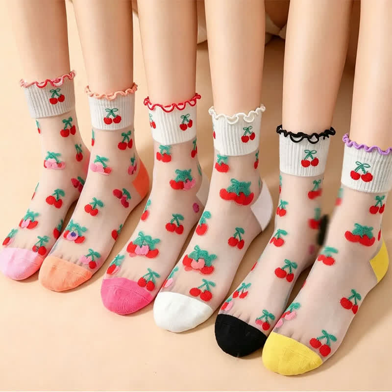 Cherry Mesh Ruffle Quarter Socks(6 Pairs) - image 1