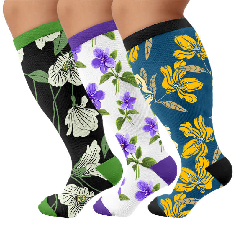 Plus Size Floral Garden Compression Socks - Multicolor(3 Pairs) - 4XL - image 4