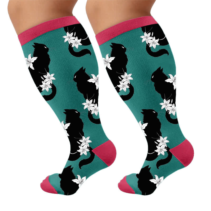 Plus Size Cat Floral Compression Socks - Blue(1 Pair) - 4XL - image 9