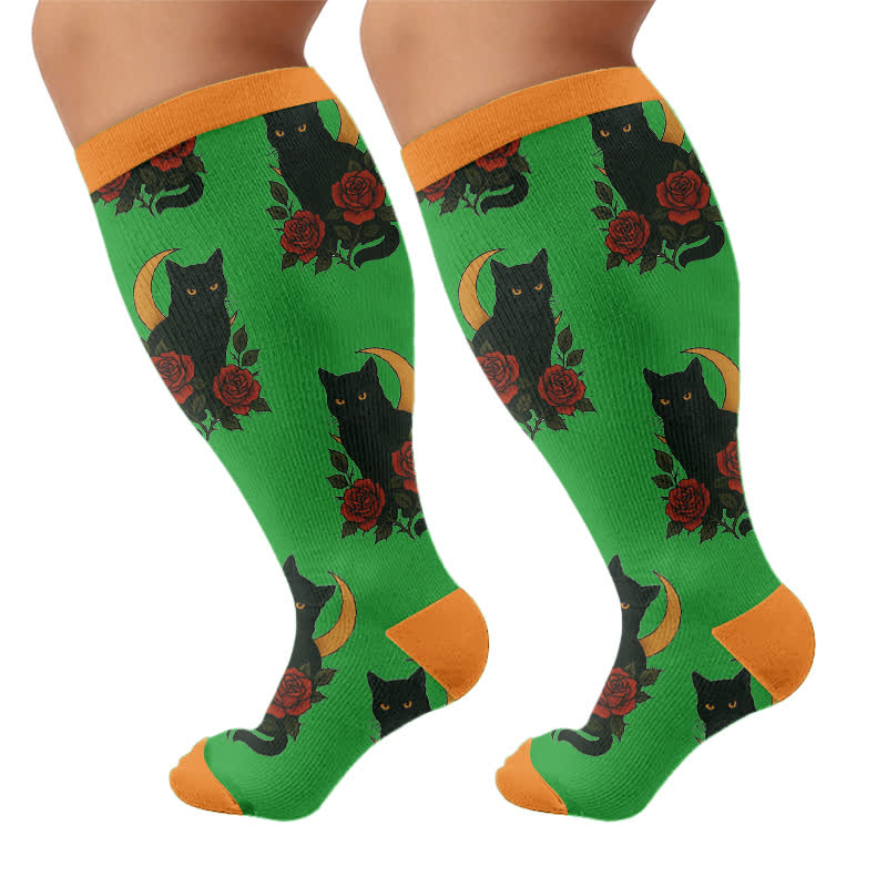 Plus Size Cat Floral Compression Socks - Green(1 Pair) - 4XL - image 8
