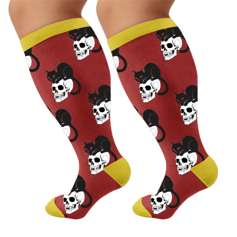 Plus Size Cat Floral Compression Socks - Red(1 Pair) - 4XL - image 10
