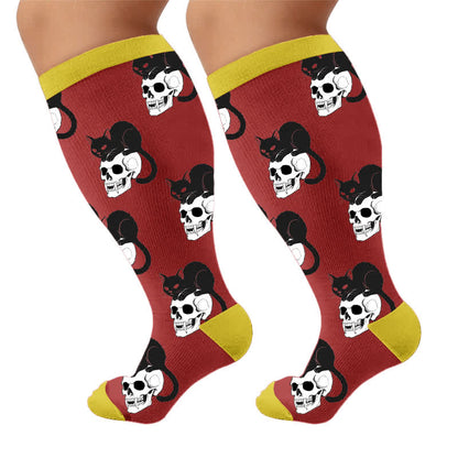 Plus Size Cat Floral Compression Socks - Red(1 Pair) - 4XL - image 10