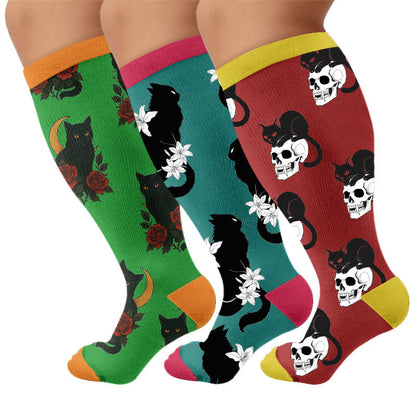 Plus Size Cat Floral Compression Socks - Multicolor(3 Pairs) - 4XL - image 4
