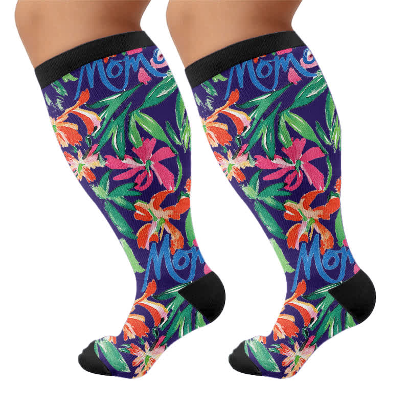 Plus Size Floral Letters Compression Socks - Black(1 Pair) - 4XL - image 8