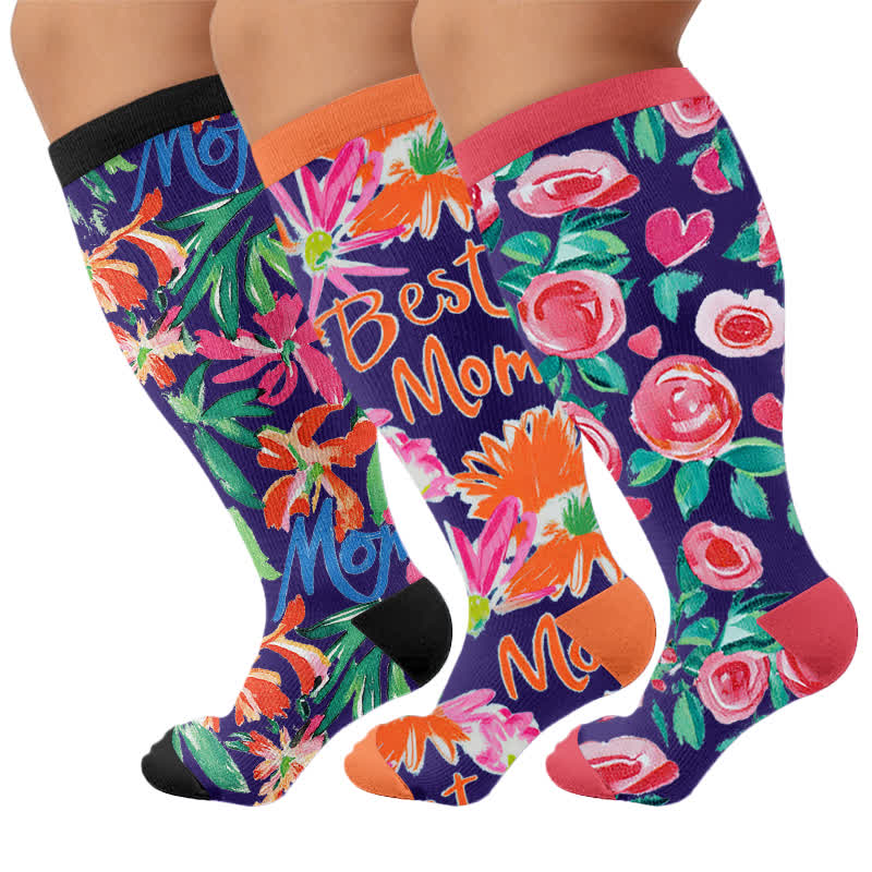 Plus Size Floral Letters Compression Socks - Multicolor(3 Pairs) - 4XL - image 4