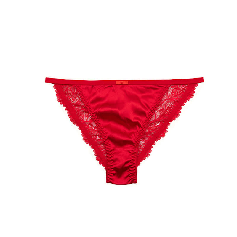 Silky Satin Lace Trim Thong Panties(3 Packs) - Red - XL - image 11