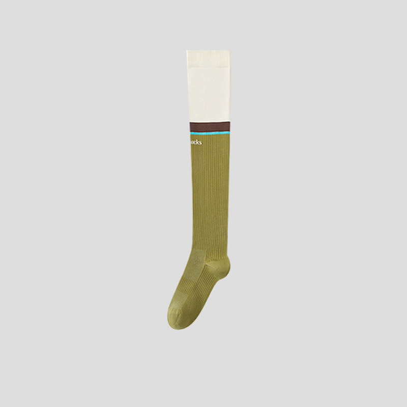 Plus Size Colorblock Ribbed Thigh High Compression Socks - Beige - EU35-40(US2-7) - image 6