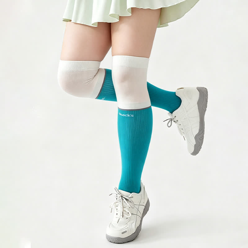 Plus Size Colorblock Ribbed Thigh High Compression Socks - White - EU35-40(US2-7) - image 4