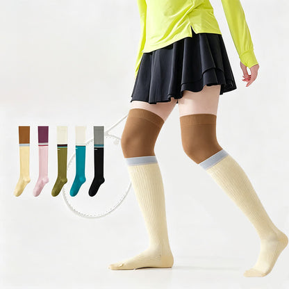 Plus Size Colorblock Ribbed Thigh High Compression Socks - Brown - EU35-40(US2-7) - image 1