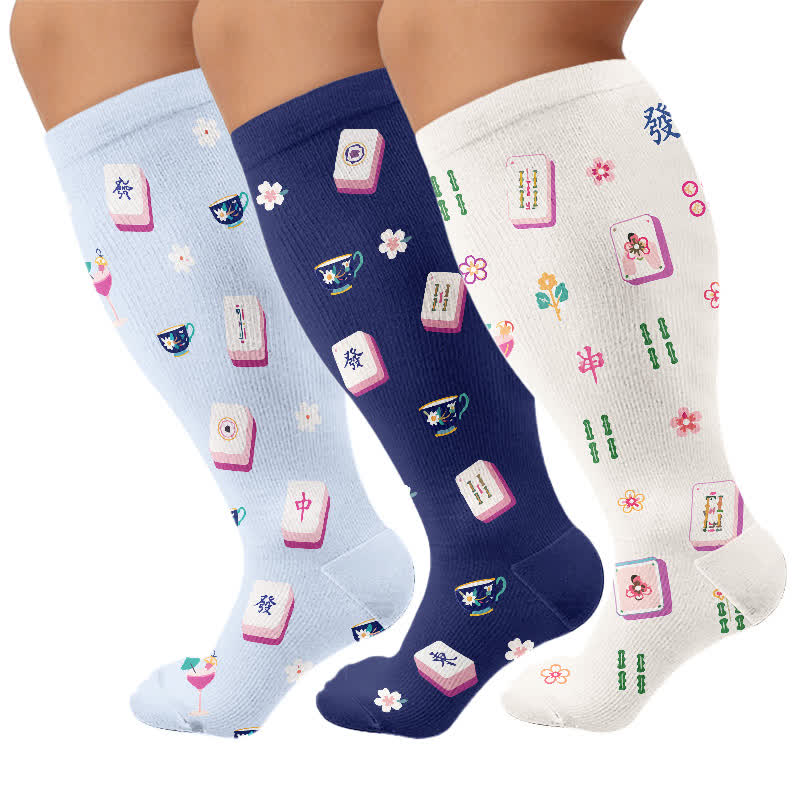 Plus Size Mahjong Inspired Compression Socks - Multicolor(3 Pairs) - 4XL - image 4