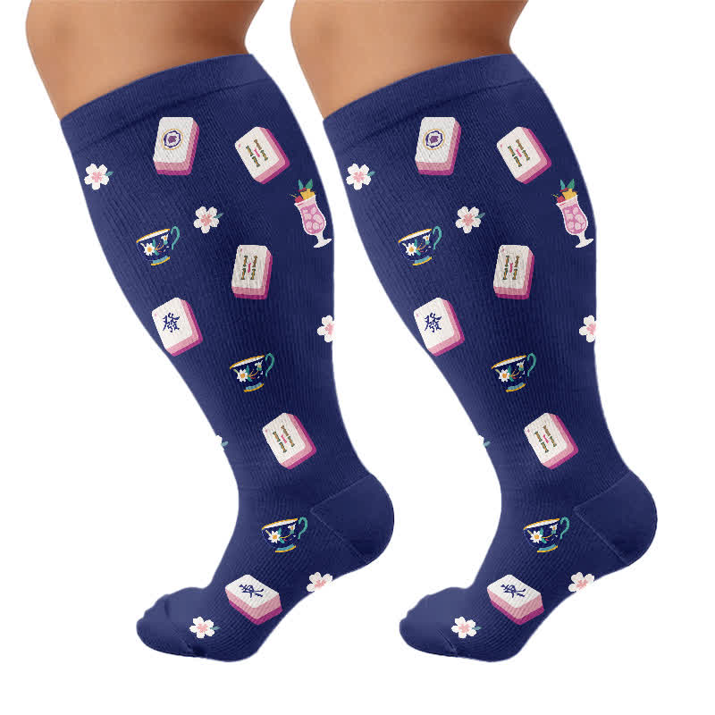 Plus Size Mahjong Inspired Compression Socks - Navy Blue(1 Pair) - 4XL - image 10