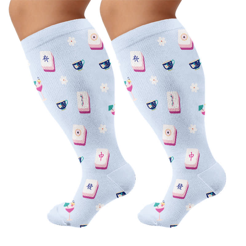 Plus Size Mahjong Inspired Compression Socks - Blue(1 Pair) - 4XL - image 6