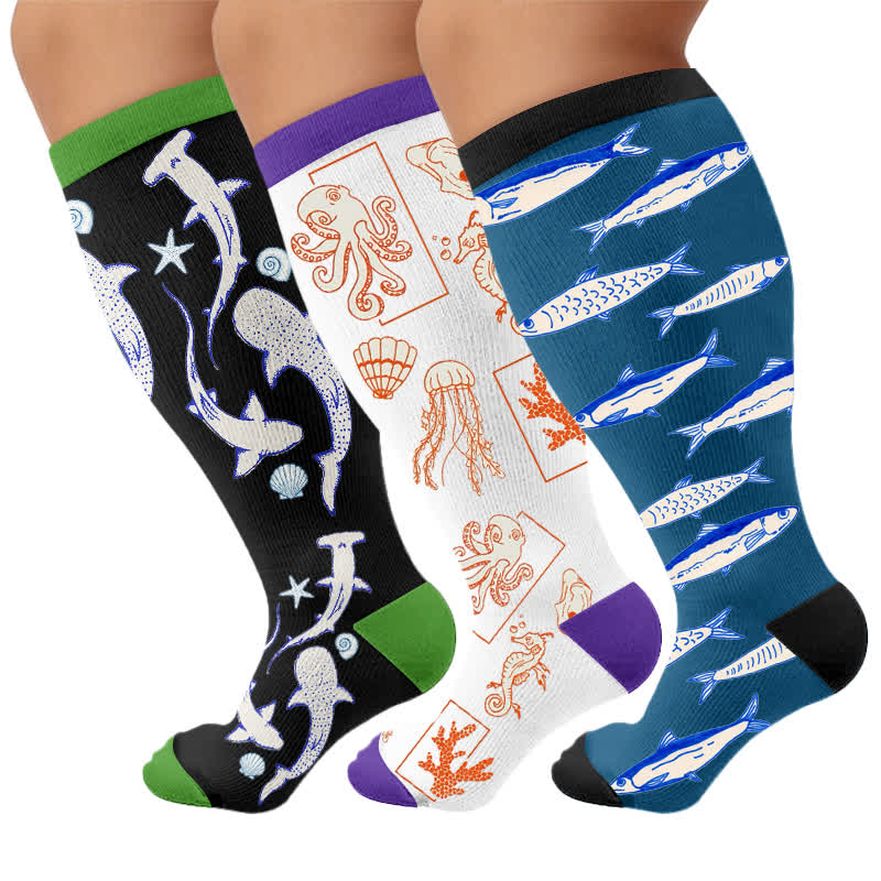 Plus Size Ocean Cartoon Compression Socks - Multicolor(3 Pairs) - 4XL - image 4