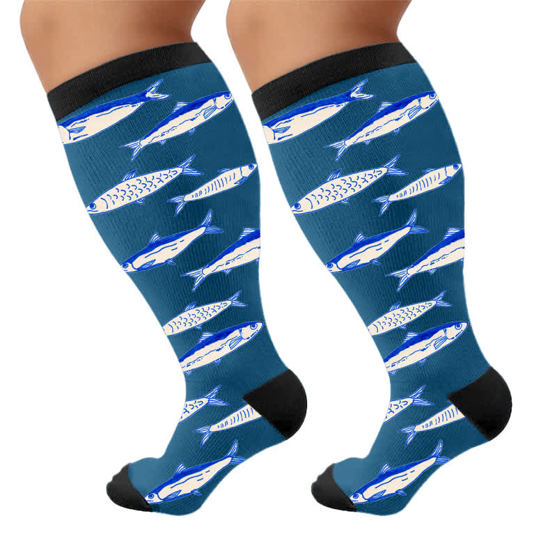 Plus Size Ocean Cartoon Compression Socks - Blue(1 Pair) - 4XL - image 10