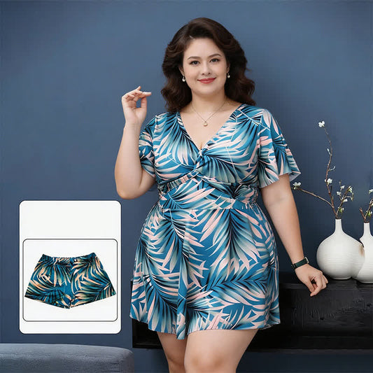 Tropical Leaf Wrap Swimwear - Green - 4XL - image 0