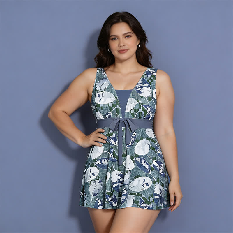 Navy Leaf Print Swimwear - Grey - 5XL - image 8