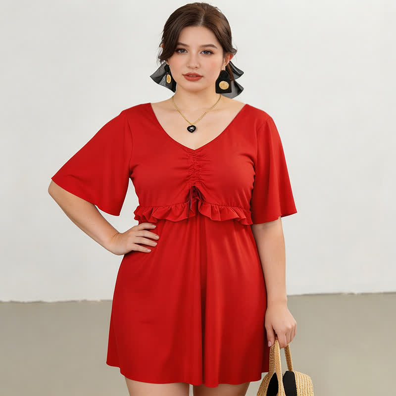 Black Mesh Sleeve Ruffle Swimwear - Red - 5XL - image 2