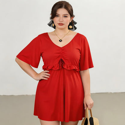 Black Mesh Sleeve Ruffle Swimwear - Red - 5XL - image 2