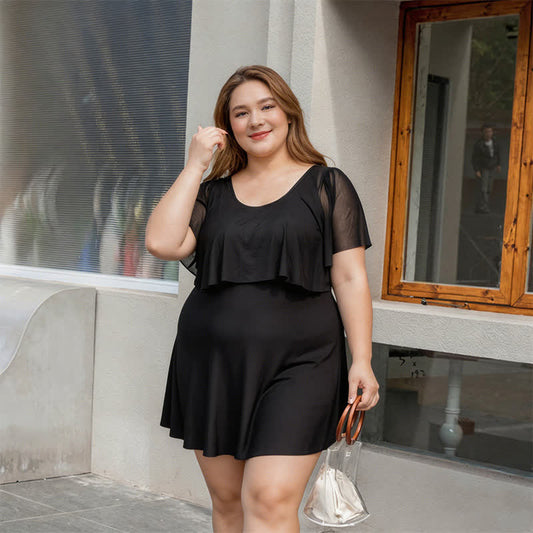 Black Mesh Sleeve Ruffle Swimwear - Black - 5XL - image 0