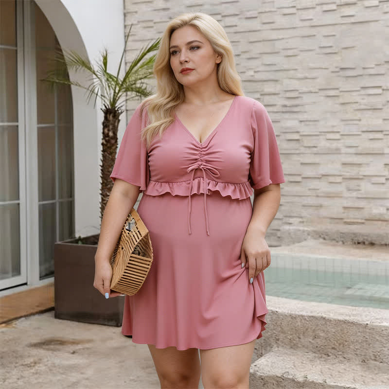 Black Mesh Sleeve Ruffle Swimwear - Pink - 5XL - image 3