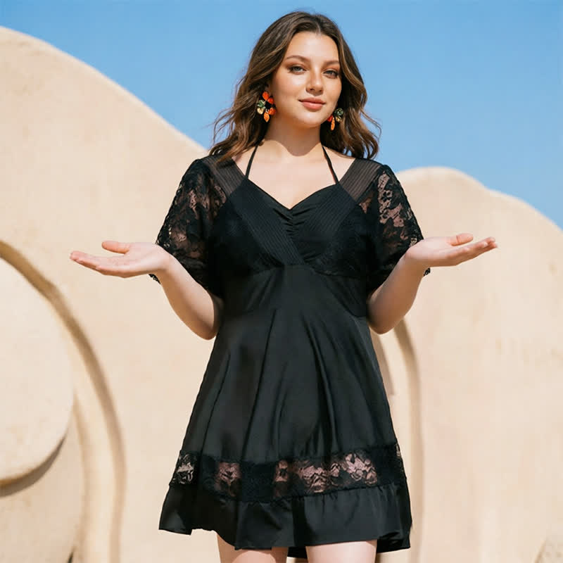 Tummy Control Lace Sleeve Two-Piece Swim Dress Set - image 2