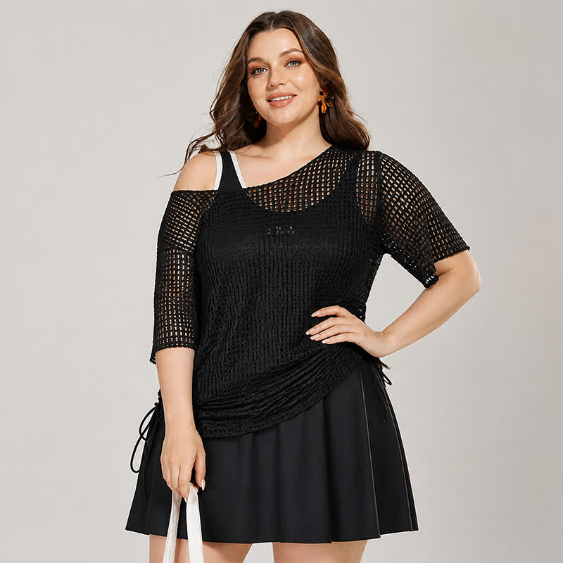 Black Mesh Skirted One Piece Swimwear - Black - 4XL - image 0