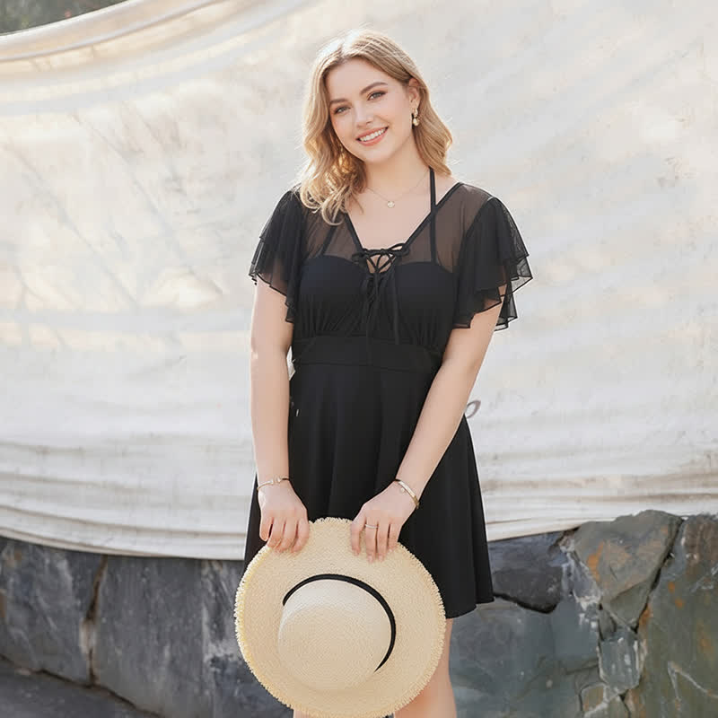 Black Sheer Ruffle Tie Front Swimwear - image 1