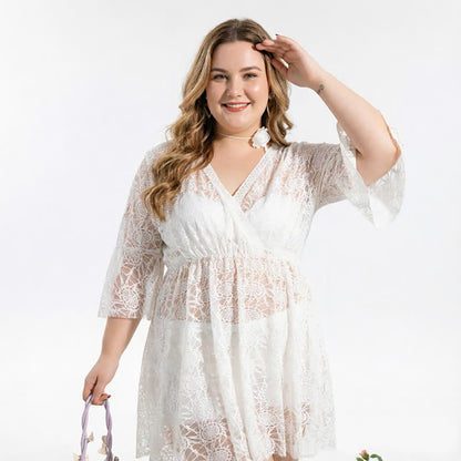Black Lace Deep V Swimwear Cover Up - White - 5XL - image 2