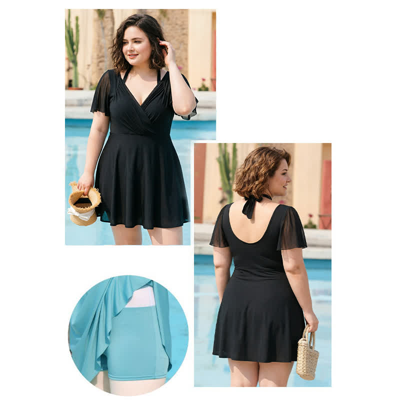 Sheer Sleeve Backless Swim Dress - image 3